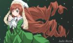  00s 1girl brown_hair collar dress drill_hair green_background green_dress green_eyes head_scarf heterochromia long_hair long_sleeves own_hands_together red_eyes rozen_maiden simple_background solo straightchromia suiseiseki twin_drills twintails upper_body very_long_hair yomi_(indigoriver) 