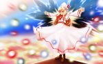  1girl beam blonde_hair blush boots bow bowtie brown_boots danmaku energy female full_body gloves glowing hat knee_boots lily_white long_sleeves magic orb outstretched_arms red_bow red_bowtie red_eyes sato sato_(hekiga_ni_nemuru) short_hair solo standing tate_eboshi touhou white_gloves 