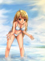  1girl bikini blonde_hair green_eyes hoshii_miki idolmaster long_hair looking_at_viewer navel side-tie_bikini solo standing swimsuit wading white_bikini yuki_usagi_(mofurafu) 