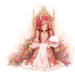  1girl bow breasts cleavage closed_eyes copyright_request crown dress drill_hair fan feathers flower goto_p hair_ornament jewelry long_dress long_hair long_sleeves medium_breasts necklace orange_rose pink_dress pink_rose red_rose redhead rose sitting smile solo throne wide_sleeves 
