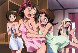  4girls absurdres akizuki_ritsuko amami_haruka bare_shoulders barefoot blush braid brown_hair glasses hagiwara_yukiho highres idolmaster long_hair minase_iori multiple_girls naked_towel open_mouth ribbon short_hair towel 