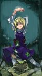  1girl ;p female flog frog highres moriya_suwako nature one_eye_closed outdoors plant rain shimadoriru skirt solo tongue tongue_out touhou wink 