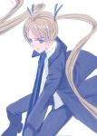  00s 1girl blonde_hair blue_eyes blue_necktie collared_shirt gunslinger_girl jacket kawamura_rukanan long_hair long_sleeves looking_at_viewer necktie open_clothes open_jacket pants shirt simple_background solo triela twintails very_long_hair white_background white_shirt 