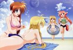  4girls absurdres animal_ears arf ass beach bikini blonde_hair breasts brown_hair cleavage cream duplicate earth fate_testarossa fox fox_ears fox_tail highres innertube large_breasts lyrical_nanoha mahou_shoujo_lyrical_nanoha mahou_shoujo_lyrical_nanoha_strikers medium_breasts megami multiple_girls ocean official_art okuda_yasuhiro redhead side-tie_bikini sideboob swimsuit tail takamachi_nanoha topless vivio yuri 