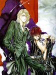  2boys angel angel_cage angel_sanctuary artbook black_legwear blonde_hair boots collar dragon fingerless_gloves frown gloves hand_in_pocket highres leather male_focus michael_(angel_sanctuary) michael_(character) multiple_boys official_art open_fly raphael redhead scan shirtless short_hair shorts sitting smile spiky_hair spread_legs standing strap_slip suspenders tattoo thigh-highs thigh_boots unzipped yuki_kaori 
