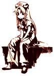  1girl bow braid female hair_bow hong_meiling long_hair looking_at_viewer monochrome pants puffy_short_sleeves puffy_sleeves shoes short_sleeves sitting solo star takishima_asaka the_embodiment_of_scarlet_devil touhou twin_braids 