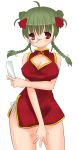  1girl bare_shoulders blush braid china_dress chinese_clothes dress embarrassed glasses green_hair monocle red_eyes shiratama shiratama_yomogi side_slit solo 