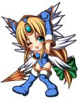  1girl blonde_hair blue_boots boots chibi gloves kojirou_(sion) leotard liese long_hair low-tied_long_hair lowres one_eye_closed polearm riesz seiken_densetsu seiken_densetsu_3 sion_kozi solo star_lancer tied_hair weapon wink 