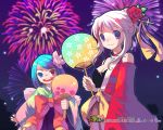  00s 2006 2girls :d aerial_fireworks alternate_hairstyle bangs blue_eyes blue_hair breasts cleavage company_name copyright_name detached_sleeves fan fireworks flower hair_flower hair_ornament heterochromia holding iris_(latale) japanese_clothes latale multiple_girls official_art open_mouth outdoors paper_fan red_eyes red_rose rose sidelocks smile swept_bangs uchiwa violet_eyes wallpaper warrior_(latale) watermark web_address white_hair 