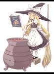  1girl apron blonde_hair book bow broom cauldron cooking female frills fujii_toshiaki hat kirisame_marisa letterboxed long_hair mary_janes oversized_object pot shoes simple_background solo touhou witch_hat 