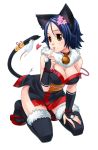  1girl animal_ears bell bell_collar blue_hair breasts brown_eyes cat_ears cat_tail cleavage collar kneeling mizuki_gyokuran mouse solo tail thigh-highs 