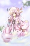  1girl blue_bow blue_sky blush bow crescent day expressionless female hair_bow hair_ribbon hat jitome long_hair looking_at_viewer multi-tied_hair outdoors patchouli_knowledge pointy_ears purple_hair red_bow ribbon sky solo touhou very_long_hair violet_eyes 