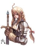  1girl agrias_oaks armor blonde_hair blue_eyes braid final_fantasy final_fantasy_tactics shu-tokutomi simple_background single_braid solo sword weapon 