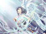  1girl breasts feathers katana lightning mahou_sensei_negima! medium_breasts sakurazaki_setsuna sheath sideboob solo suda_(yuunagi_enikki) sword unsheathing weapon wings 