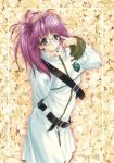  1girl adjusting_glasses belt blue_eyes glasses highres kimizuka_aoi long_hair ponytail purple_hair smile solo strap uniform 