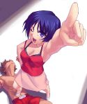  1boy 1girl ;d armpits bare_shoulders breasts cleavage collarbone foreshortening from_above girl_on_top hand_on_hip index_finger_raised kurusugawa_ayaka looking_at_viewer lying muscle oekaki on_back one_eye_closed open_mouth pointing pointing_at_viewer pointing_up purple_hair short_hair smile standing to_heart toned unconscious violet_eyes zen 