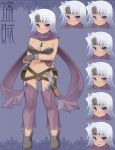  1girl amasa_mitsunaru breasts cleavage cross dark_skin earrings expressions fantasy jewelry large_breasts multiple_views necklace original short_hair thigh-highs violet_eyes white_hair 