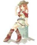  1girl boots brown_eyes brown_hair cigarette cowboy_boots cowboy_hat full_body hat lighter marlboro orange_hair product_girl red_eyes sitting solo western 