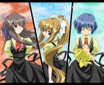  3girls air arm_ribbon ascot blonde_hair blue_eyes blue_hair bow brown_hair closed_eyes cross dress floating_hair hair_ribbon hands_on_own_chest head_tilt kamio_misuzu kirishima_kano long_hair looking_afar looking_at_viewer looking_back multiple_girls ponytail puffy_sleeves red_eyes ribbon school_uniform short_hair short_sleeves sidelocks sky smile toono_minagi very_long_hair wind yomi_(indigoriver) 