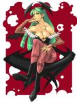  1girl bare_shoulders bat_print black_shoes bridal_gauntlets capcom demon_girl female green_eyes green_hair highres kimuchi legs_crossed leotard long_hair morrigan_aensland off_shoulder pantyhose patterned_legwear print_legwear shoes sitting solo tetsu_(kimuchi) vampire_(game) 