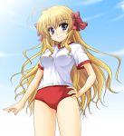  1girl antenna_hair blonde_hair blue_eyes buruma fortune_arterial gym_uniform hair_ribbon hand_on_hip long_hair masakichi_(crossroad) ribbon sendou_erika solo very_long_hair 