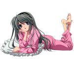  1girl barefoot clannad full_body legs_up long_hair lying on_stomach pajamas sakagami_tomoyo simple_background solo wallpaper 