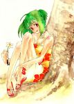  bad_id choker dress flower green_hair macross macross_frontier ranka_lee red_eyes sandals short_hair sitting srmn tree 