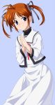  blue_eyes blush brown_hair g-tetsu hair_ribbon hands hands_clasped highres mahou_shoujo_lyrical_nanoha mahou_shoujo_lyrical_nanoha_a&#039;s mahou_shoujo_lyrical_nanoha_a's purple_eyes ribbon school_uniform short_twintails takamachi_nanoha twintails 