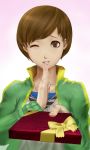  brown_hair gift holding holding_gift jacket jewelry jorogumo necklace persona persona_4 satonaka_chie short_hair smile track_jacket wink 