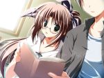  game_cg glasses hair_ribbon korie_riko long_hair ponytail ribbon smile terebi_no_kieta_hi wakana_mahiro 