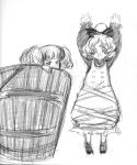  bucket girl_in_bucket hair_ribbon in_bucket in_container kisume kurodani_yamame monochrome ribbon sketch touhou 