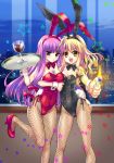  animal_ears between_breasts blonde_hair blush bowtie breasts brown_eyes bunny_ears bunnysuit cityscape cleavage fishnet_pantyhose fishnets frown goblet hand_on_ass high_heels hug kirisame_marisa lighter long_hair multiple_girls pantyhose patchouli_knowledge purple_eyes purple_hair rabbit_ears sato-pon shoes smile star touhou tray violet_eyes wine wrist_cuffs yellow_eyes 