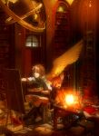  book bookshelf brown_hair easel globe highres lantern library male original painting palette red_eyes short_hair sitting tail wings yuanmaru 