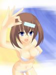  ac_(eshi) arm_up bad_id bare_shoulders beach bikini blue_eyes breasts brown_hair cleavage eshi fang hand_on_hip navel open_mouth popsicle short_hair solo swimsuit 