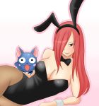  blue_cat breasts bunny_ears bunnysuit cat cleavage erza_scarlet fairy_tail hair_over_one_eye happy happy_(cat) happy_(fairy_tail) large_breasts long_hair pantyhose rabbit_ears red_eyes red_hair redhead riisu 