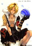  blitzball blonde_hair blue_eyes chain chains dissidia_final_fantasy final_fantasy final_fantasy_x gloves jewelry male necklace open_clothes open_shirt sakihana shirt short_hair smirk solo tidus torn_clothes traditional_media 