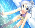  blue_hair cloud dutch_angle game_cg leaning_forward long_hair ocean ponytail sarong sky solo swimsuit tangent wading water white_hair 