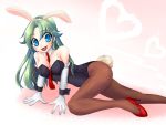  blue_eyes bunny_ears bunnysuit chibimame elbow_gloves gloves green_hair long_hair on_side original pantyhose rabbit_ears 
