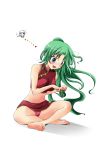  barefoot bikini blush china_dress chinadress chinese_clothes crossed_legs feet green_eyes green_hair highres higurashi_no_naku_koro_ni indian_style long_hair maebara_keiichi ponytail sitting sonozaki_mion speedo surprise_(artist) swimsuit 