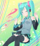  aqua_hair arms_up blue_eyes detached_sleeves hatsune_miku highres long_hair musical_note necktie skirt thigh-highs thighhighs twintails very_long_hair vocaloid wink 