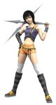  1girl 3d absurdres bare_shoulders black_hair boots brown_eyes cg dirge_of_cerberus_final_fantasy_vii female final_fantasy final_fantasy_vii full_body gloves hand_on_hip headband highres holding holding_shuriken holding_weapon looking_at_viewer midriff navel ninja official_art orange_shorts parted_lips short_hair short_shorts shorts shuriken simple_background single_glove sleeveless smile solo standing teeth thigh-highs thighhighs weapon white_background white_legwear white_thighhighs wristband yuffie_kisaragi 