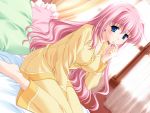  blue_eyes dutch_angle game_cg hatori_mahoko kneeling long_hair pajamas pillow pink_hair reconquista solo very_long_hair 
