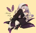  bad_id boots doll_joints dress fetal_position frills hairband knee_boots long_hair loo red_eyes rozen_maiden silver_hair suigintou 