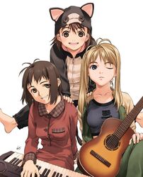  :d acoustic_guitar animal_hat blonde_hair blue_eyes brown_eyes brown_hair cat_hood costume guitar hat hood instrument keyboard keyboard_(instrument) multiple_girls open_mouth smile synthesizer tanaka_kunihiko wink 