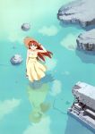  dress from_above hat highres long_hair neon_genesis_evangelion orange_hair outdoors redhead reflection ruins sandals smile solo souryuu_asuka_langley straw_hat wading watch water wind wristwatch yellow_dress 