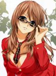  adjusting_glasses breasts brown_hair cleavage glasses highres long_hair necktie source_request tenhiro_naoto 