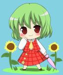  bad_id blue_background chibi closed_umbrella flower green_hair hentai_samurai_far_east kazami_yuuka kyokutou_hentai_samurai plaid plaid_skirt plaid_vest red_eyes short_hair skirt skirt_set smile solo sunflower touhou umbrella 