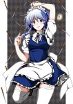  1girl arm_up blue_eyes braid highres izayoi_sakuya knife maid_headdress ribbon sawade short_hair silver_hair solo stopwatch thigh-highs touhou twin_braids watch white_legwear 