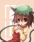  brown_hair cat_ears cat_tail chen hat licking machily miko_machi red_eyes tail tongue touhou 