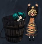  arms_up binayu blonde_hair bucket girl_in_bucket green_eyes green_hair hair_ribbon in_bucket in_container kisume kurodani_yamame outstretched_arms red_eyes ribbon touhou 
